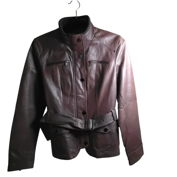 Kenneth Cole Reaction‎ Brown Leather Jacket Women's Medium Belted Moto Zip Cuffs
